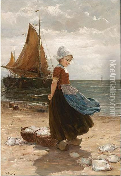 A Volendam Girl On The Beach Oil Painting - Edmond Louyot