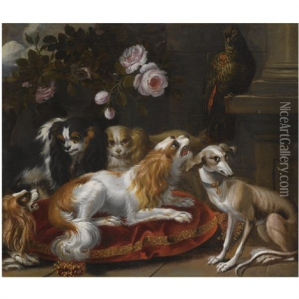 A Group Of King Charles Spaniels, A Whippet And A Parrot Oil Painting - Reynaud Levieux