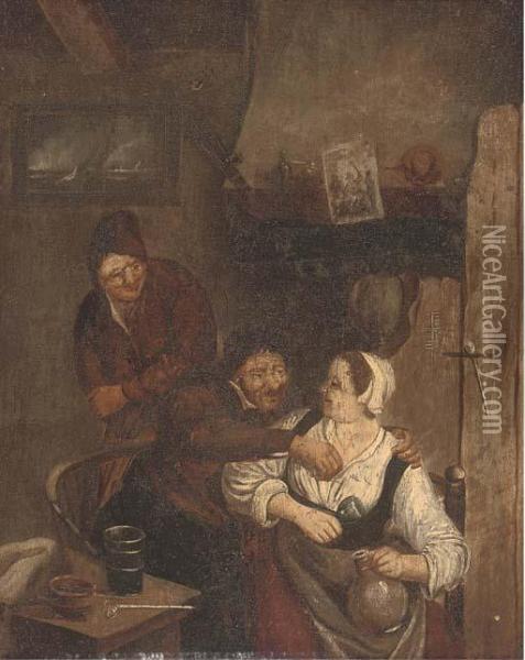 Amorous Peasants In An Interior Oil Painting - David The Younger Teniers