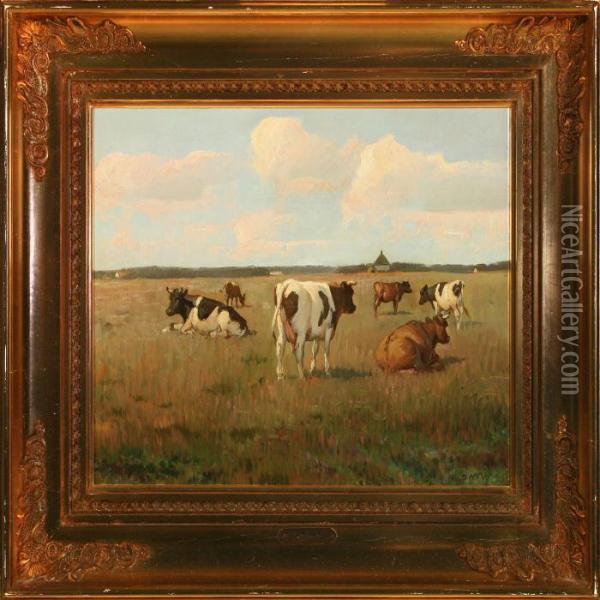 Cows In The Field Oil Painting - Niels Pedersen Mols