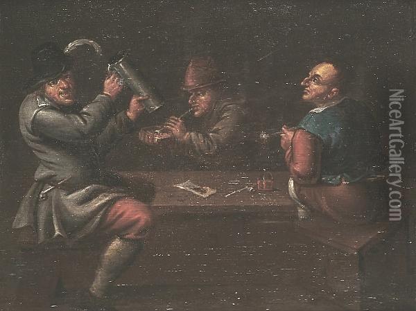 Peasants Smoking And Drinking In An Interior Oil Painting - Egbert Ii Van Heemskerck