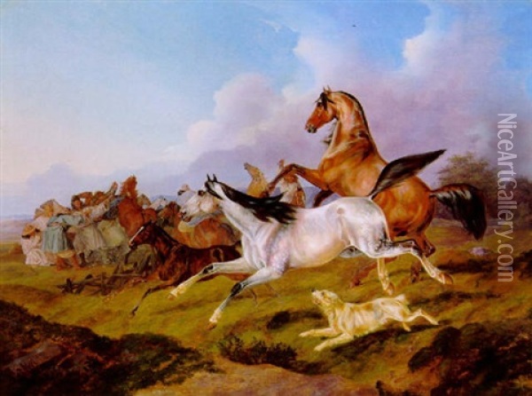 Ungarische Pferdeknechte Beim Einfangen Der Pferde Oil Painting - Otto Stotz