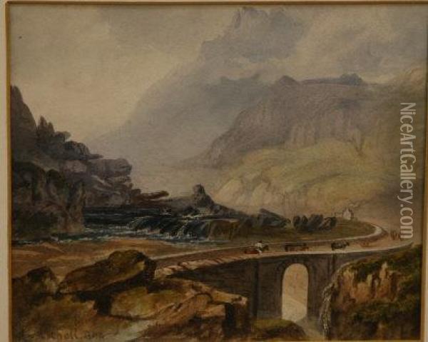 Bridge In Landscape Oil Painting - Andrew Nicholl