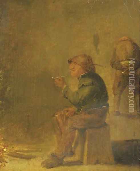 A peasant smoking a pipe and drinking beer near an open fire Oil Painting - Adriaen Brouwer