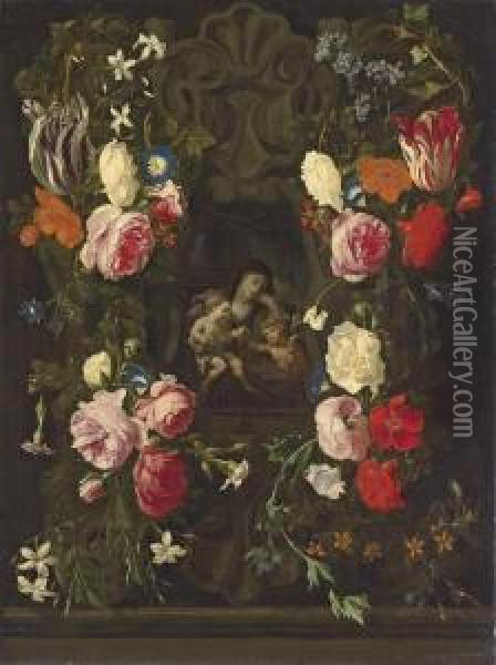 The Virgin And Child With The 
Infant Saint John The Baptist, In A Sculpted Cartouche, Surrounded By A 
Garland Of Roses, Tulips, Carnations And Other Flowers Oil Painting - Daniel Seghers
