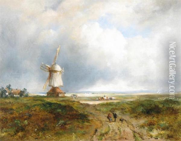 Figures In A Landscape With A Windmill Oil Painting - Frederick Waters Watts
