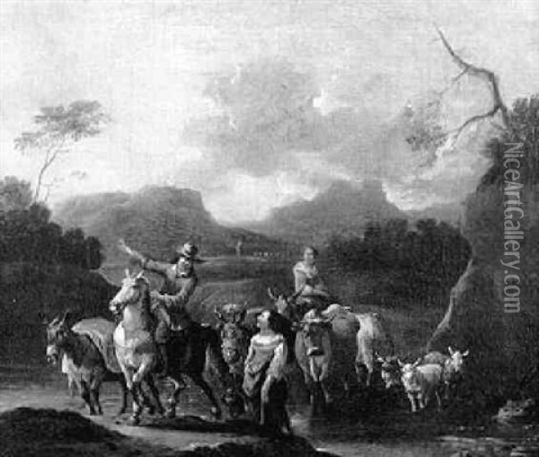 Bauern Durchqueren Mit Pferden, Kuhen Und Ziegen Eine Furt Oil Painting - Simon Johannes van Douw