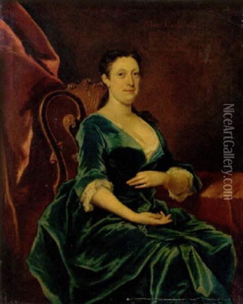Portrait Of Alice Caulfield In A Blue Dress Trimmed With Lace Oil Painting - Joseph Highmore