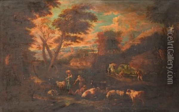 A Pastoral Landscape With A Shepherdess And Goatherd With Their Livestock In The Foreground, Other Peasants Loading A Horse With A Cottage And Tower Beyond Oil Painting - Pieter Mulier the Elder