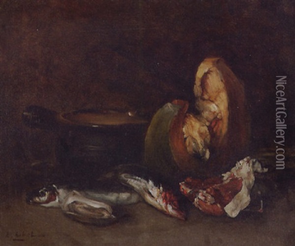 Fish And Melon By A Pot Oil Painting - Theodule Ribot