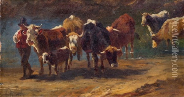Rinderherde An Einer Wasserstelle Oil Painting - Anton Braith