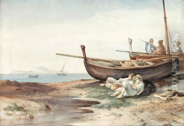 Fishermen At Rest Oil Painting - Consalvo Carelli