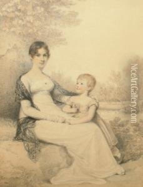 Portrait Of A Lady, 
Traditionally Held To Be Mrs Whalley And Her Daughter, Seated 
Full-length With A Landscape Beyond Oil Painting - Henry Edridge