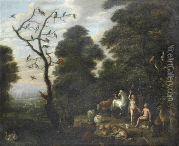 Adam And Eve In The Garden Of Eden Oil Painting - Jacob Bouttats