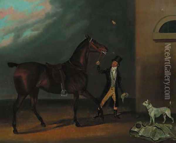 A bay racehorse with a groom and a dog outside a stable Oil Painting - Clifton Tomson
