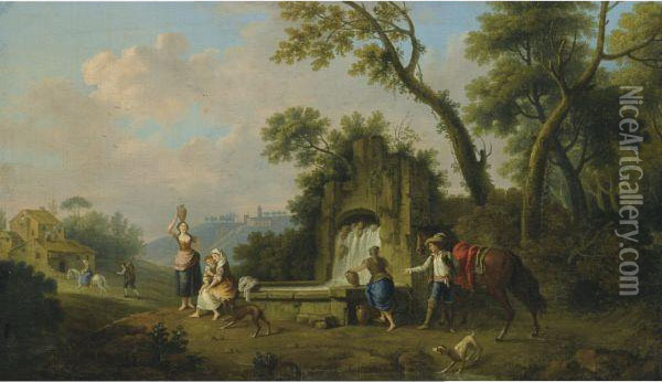 A Southern Landscape With Figures Near A Well Oil Painting - Francesco Zuccarelli