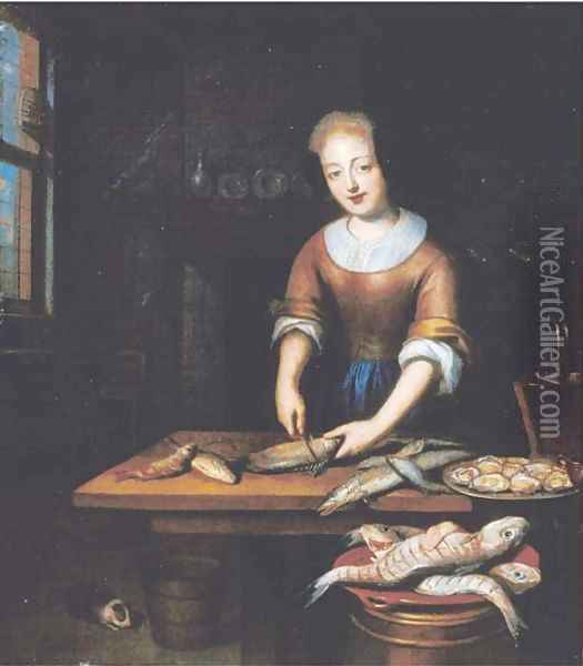 A young lady gutting fish in an interior Oil Painting - Reynier De La Haye