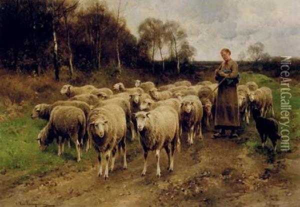Shepherdess With Her Sheep Oil Painting - Cornelis van Leemputten
