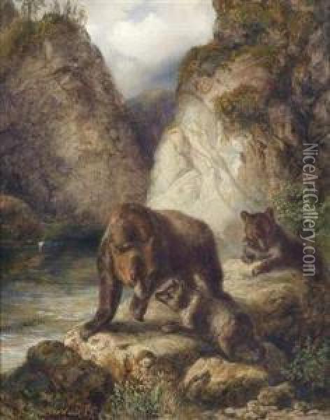 A Family Of Bears At A Rocky Creek Bank Oil Painting - Karl Wilhelm Tornau
