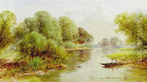 Anglers On A Tranquil River Oil Painting - Robert Gallon