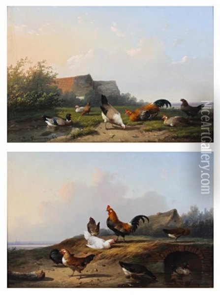 Chickens And Ducks By A Culvert Entrance (+ Chickens And Ducks By A Pond; Pair) Oil Painting - Cornelis van Leemputten