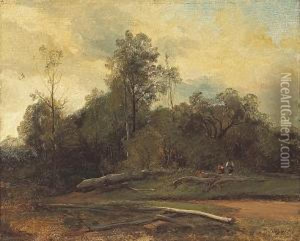 A Wooded Landscape With Figures Resting By Aroad Oil Painting - Jules Louis Phillipe Coignet