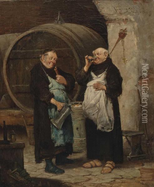 Zwei Monche Im Weinkeller Oil Painting - Adolf Humborg