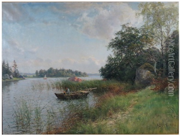 Landscape With Lake, Man In Rowboat Fishing Oil Painting - Berndt Adolf Lindholm