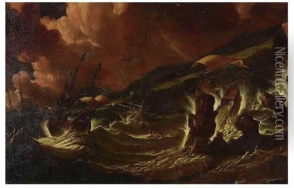 Shipping In Stormy Seas Oil Painting - Pieter Mulier the Younger