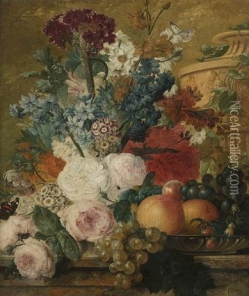 Roses, Narcissi, Delphiniums, Convolvulus And Other Flowers On A Stone Ledge, With Grapes, A Salver With Grapes, Peaches And Strawberries And Butterflies, A Carved Stone Urn Beyond Oil Painting - Jacobus Linthorst