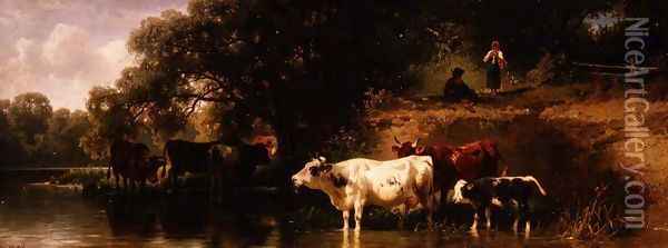 Cattle watering in a wooded landscape 2 Oil Painting - Friedrich Johann Voltz