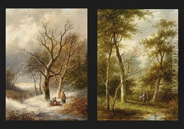 Wood Gatherers In A Snowy Landscape (+ Travellers In A Wooded Summer Landscape; Pair) Oil Painting - Jan Evert Morel the Younger