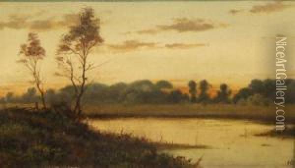 Sunset On The River Avon (see Label Verso) Oil Painting - Henry Thomas Dawson