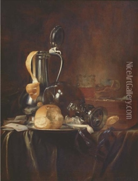 A Pewter Jug And Cover With A Peeled Lemon, A Roemer, A Bread Roll And A Pipe On A Pewter Plate With Cards, Books And A Pocket Watch, On A Draped Table Oil Painting - Simon Luttichuys