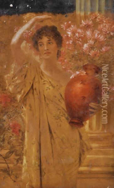 Woman Carrying A Vase Of Flowers Oil Painting - Conrad Kiesel