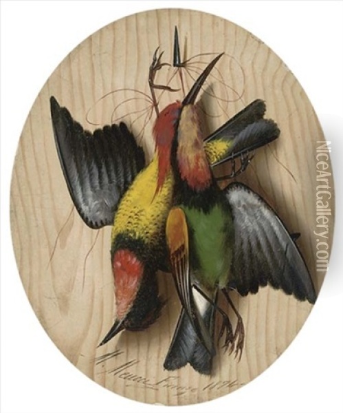 Hanging Songbirds (+ Another, Smaller, 1876; 2 Works) Oil Painting - Michelangelo Meucci