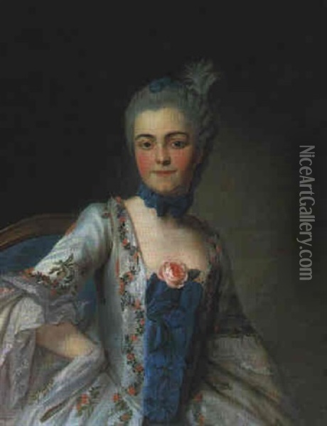 Bildnis Einer Dame In Bunt Besticktem Seidenkleid Und Blauem Halsband Oil Painting - Francois Hubert Drouais