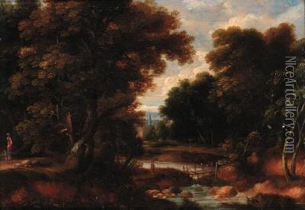 A Wooded River Landscape With Figures On A Track, A Churchbeyond Oil Painting - Jacques D Arthois