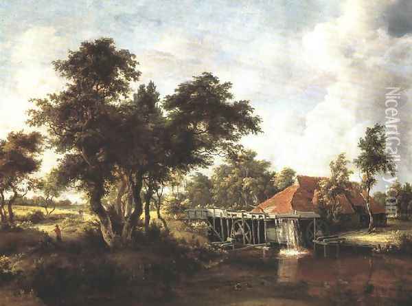 Wooded Landscape with Water Mill 1662-1664 Oil Painting - Meindert Hobbema