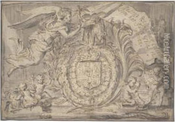 Design For A Frontispiece Glorifying The Coat Of Arms Of King Philip Ii Of Spain Oil Painting - Abraham Jansz. van Diepenbeeck