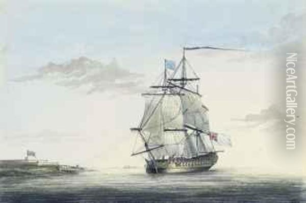 A Royal Navy Two-decker Off A Fortified Headland Oil Painting - Charles Earle