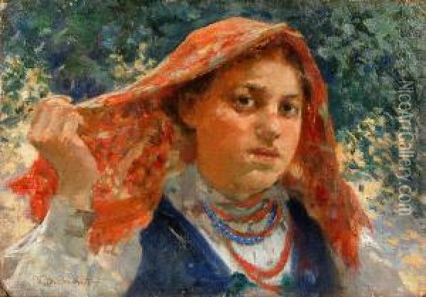 Dziewczyna W Czerwonej Chustce, Ok. 1890 R. Oil Painting - Witold Pruszkowski