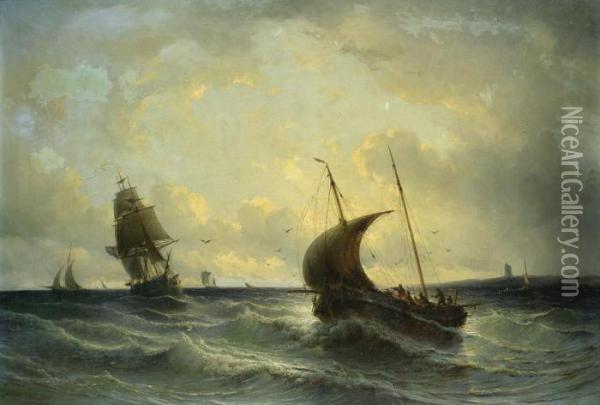 Segelschiffe Auf Bewegter See Oil Painting - Johannes Hilverdink