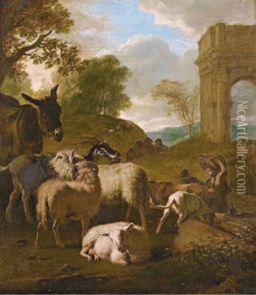 Pastorale De Moutons Avec Un Ane, Pastorale De Moutons Avec Une Vache (pair) Oil Painting - Jan Vermeer van Haarlem III