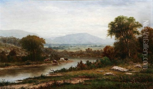 Cattle Watering In Landscape Oil Painting - Charles Wilson Knapp