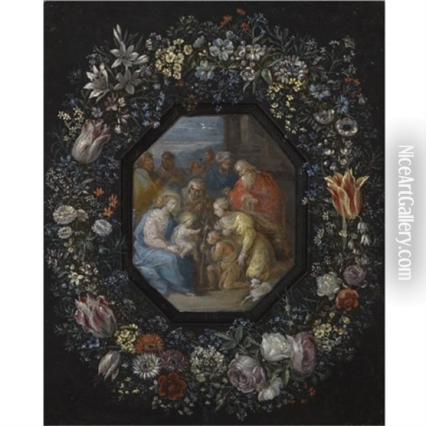 The Madonna And Child With Saint John, Saint Anne And Other Saints Within An Ornamental Cartouche Decorated With A Flower Garland (attributed To Frans Francken The Younger) Oil Painting - Philippe de Marlier