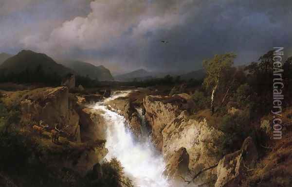 Landscape with Waterfall Oil Painting - Herman Herzog
