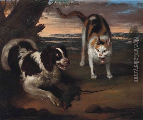 A Spaniel Protecting His Catch From A Cat Oil Painting - Adriaen Cornelisz Beeldemaker