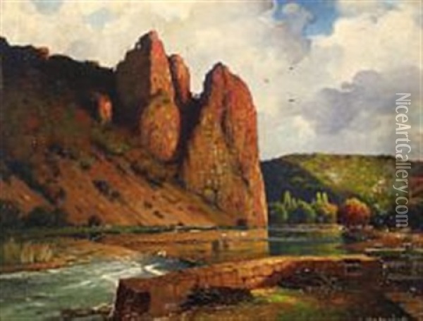 Riverscape With Steep Mountains Oil Painting - Alexander Makowitzki