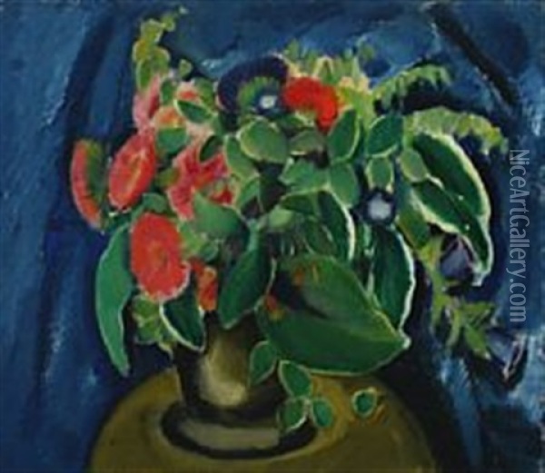 Still Life With Flowers On A Blue Background Oil Painting - Ernst Johan Zeuthen